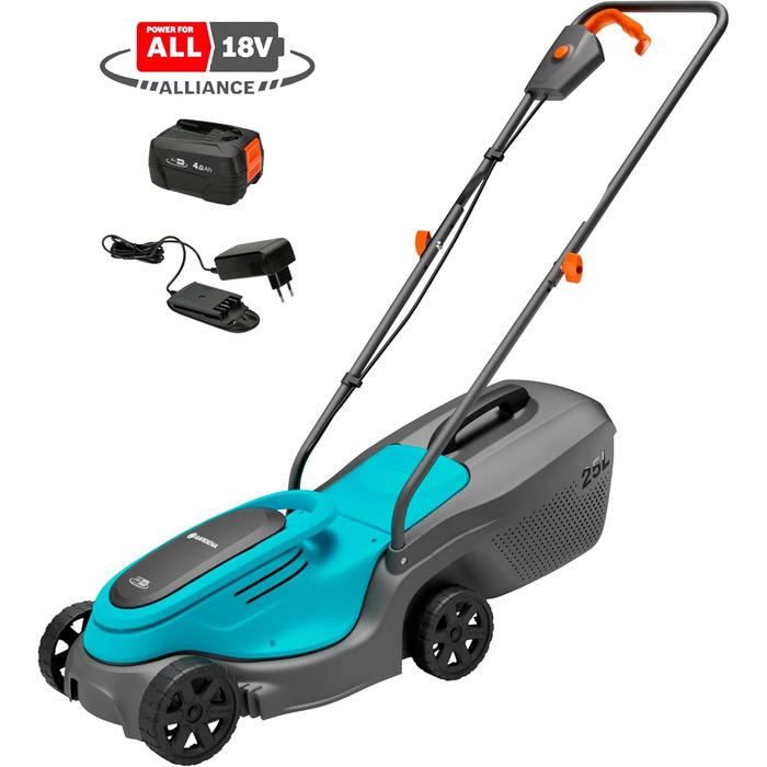 Акумуляторний газонокосарка Gardena PowerMax 37/36V P4A: комплект, до 350 м², ширина зрізу 37 см, об'єм травоспіральника 45 л, центральне регулювання висоти зрізу, двигун PowerPlus з Eco-режимом