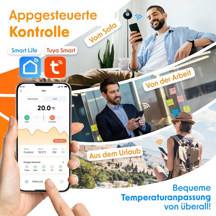 KESSER® WiFi термостат на радіатор опалення з керуванням через додаток Smart Home | Комплект з 6 вентилів | Сумісний з Alexa та Google Assistant | Економія енергії (Чорний)