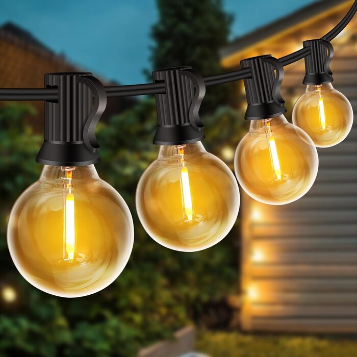 LED гірлянда для вулиці, 20м, з цоколем G40, 30+2 лампочки, пластик, IP44, вологостійка, для саду, вечірки, тепле біле світло (тепле жовте, 10м, EU)