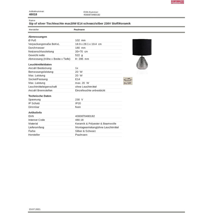 Настільна лампа Pauleen Sip of Silver, кераміка/тканина, E14, срібляста/чорна, 20Вт, 230В, без лампочки