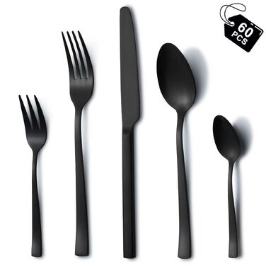 Набір столових приборів Hunnycook 60 предметів, нержавіюча сталь, для 12 осіб – виделки, ложки, ножі. Полірований, для дому, ресторану, вулиці. Безпечно мити в посудомийній машині (Чорний)