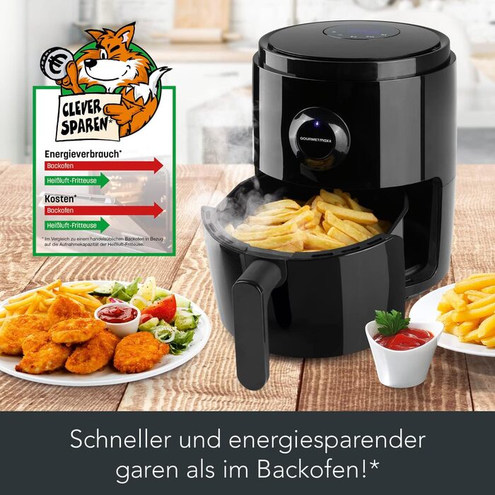 GOURMETmaxx цифрова аерофритюрниця 3 л, 1400 Вт, 6 програм, таймер 60 хв, автоматичне вимкнення, гриль, чорна