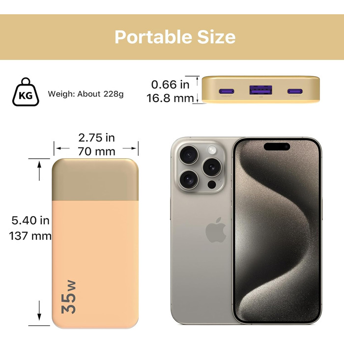 Power Bank NOBIS 10000mAh з цифровим дисплеєм, USB-C, 35W, для смартфонів, планшетів, камер (Оранжевий)