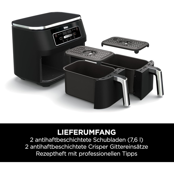 Аерофритюрниця Ninja Foodi Dual Zone AF200EU з двома чашами, 7.6 л, 4-в-1: без олії, Max Crisp, запікання, розігрів, антипригарне покриття, чорна