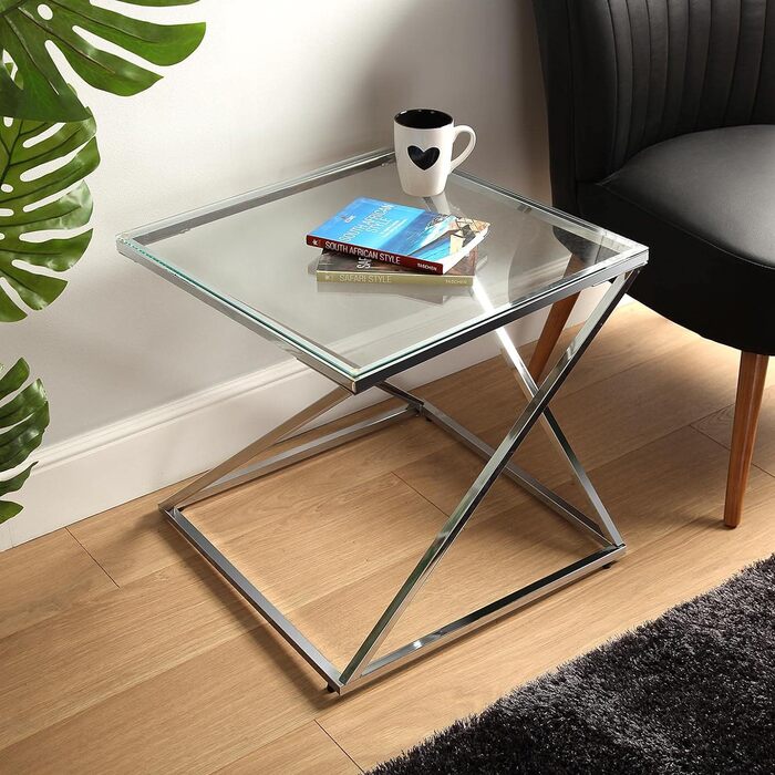 Стіл журнальний Versa Trento, скло і метал, срібний, 51x51x51 см, для вітальні, спальні чи кухні, сучасний низький стіл