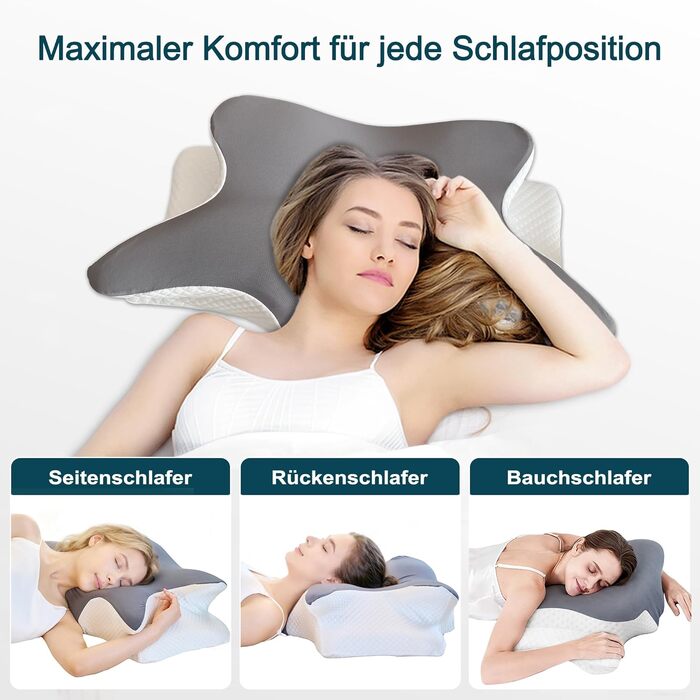 Ортопедична подушка для шиї з піни Memory Foam – підтримка шийного відділу хребта, ергономічна подушка-метелик для сну на боку та спині. При болях у шиї, регульована висота, знімний чохол.