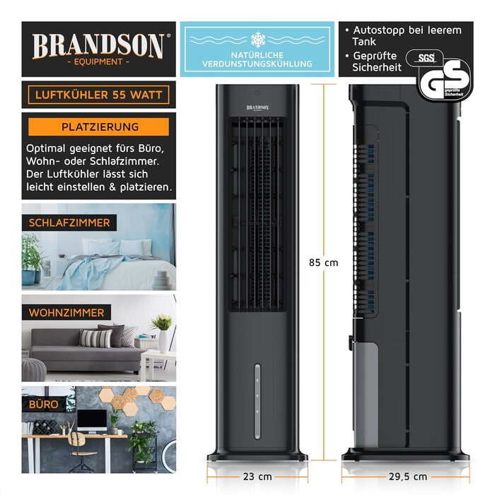 Вентилятор вежі з водяним охолодженням Brandson 4-в-1: випаровувальний охолоджувач, вентилятор, без вихлосної труби, надзвичайно тихий, чорний матовий