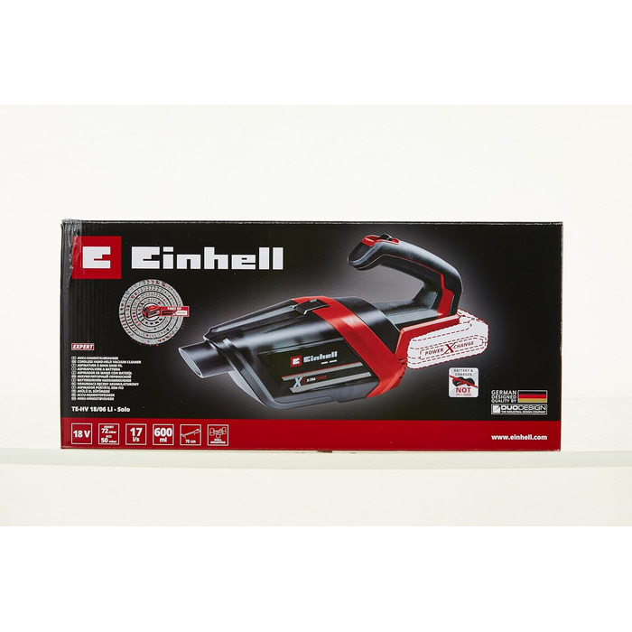 Акумуляторний ручний пилосос Einhell TE-HV 18/06 Li-Solo Power X-Change 18В, 72 мбар, насадки для щілин, меблів та підлоги, контейнер 0,6 л, без акумулятора і зарядного, нова модель