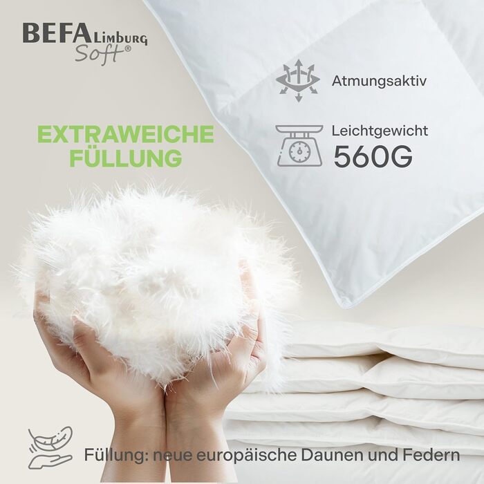 BEFA SOFT Пухова ковдра зимова 100x135 см | Пухова ковдра з 90% пуху та 10% пера | Дихаюча та легка у догляді | Для алергіків (NOMITE) | Відповідає стандартам добробуту тварин (DOWNPASS) | Oeko-TEX Клас 1 | Зроблено в Німеччині