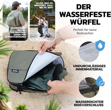 Набір компресійних органайзерів для одягу BACK&PACKER® (6 предметів), дорожні пакувальні куби з переробленого матеріалу для валізи та рюкзака, включаючи мішок для вологих речей (Оливковий, стандартний набір)
