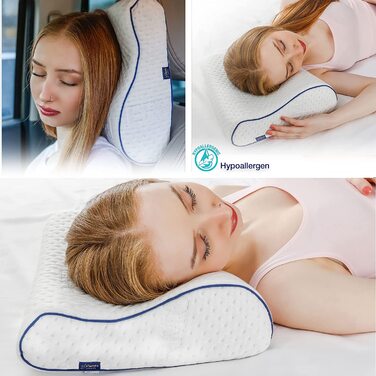 Подушка для подорожей Alkamto з ергономічною формою, memory foam, температурний контроль, додатковий бавовняний чохол, сумка для транспортування, 35x30x10/8 см, біла, для кемпінгу та сну