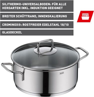 Набір кухонного посуду Silit Extra Cook: каструлі 16/20/24 см з кришкою, ковшик 16 см, мірна шкала, широке вільно, придатний для миття в посудомийній машині, з нержавіючої сталі Crominox (казанок 24 см)