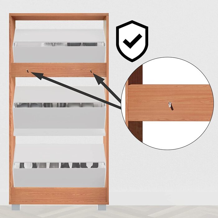 Шафа для взуття Casaria® на 18 пар, вузька, 115x60x25 см, 3 дверцята, дерев'яна, закрита, з фіксацією від перекидання, для прихожого/коридору, колір бук/білий
