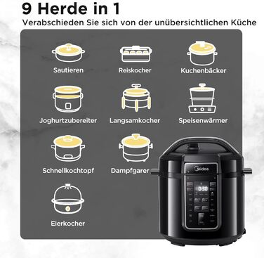 Мультиварка Midea 9-в-1, електрична, 6 л, 12 програм, антипригарний йогуртниця, рисоварка, повільноварка, пароварка, сталевий внутрішній контейнер, чорна