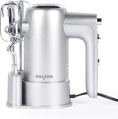 Електричний ручний міксер Salter Aspen EK5613BMMSVDE, 300 Вт, 5 швидкостей, турборежим, насадки для тіста і крему, підставка для зберігання, сріблястий