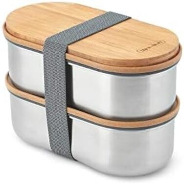 Ланч-бокс Bento BLACK+BLUM з нержавіючої сталі та бамбуковою кришкою, 2x500 мл, герметичний, з вилкою, розділювачем і обробною дошкою, Sara Kiyo Popowa Edition, для дорослих