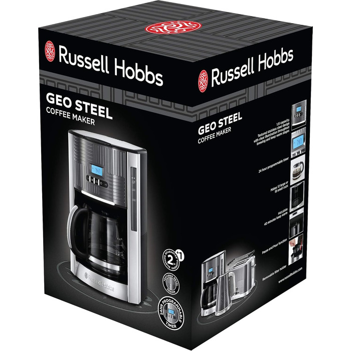 Тостер Russell Hobbs Geo Edelstahl Grau на 2 тости, нержавіюча сталь, сірий - широкі слоти, підставка для булочок, 6 режимів, розморожування, підігрів, 1640 Вт