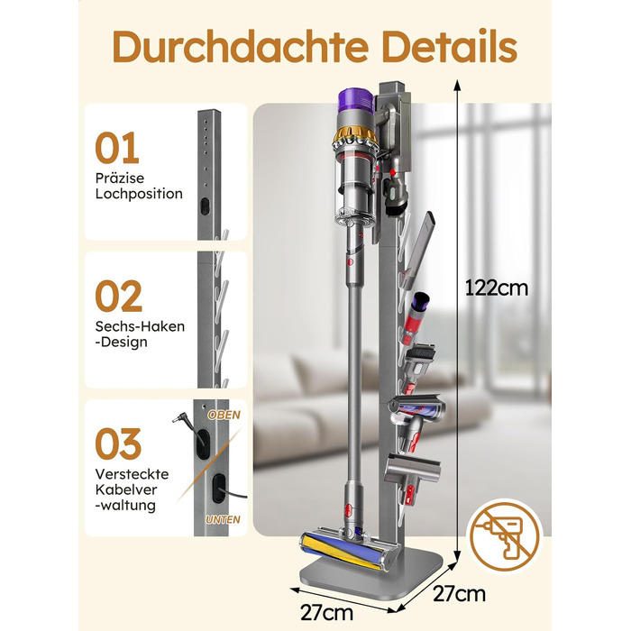 Стійка для пилососа Dyson Gen5 V15 V12 V11 V10 V8 V7 V6 – на підлогу, з 6 гачками, срібляста