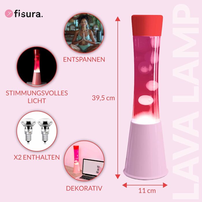 Лава-лампа FISURA рожева з червоною кришкою та змінною лампою, 39.5 см