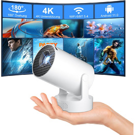 Міні проєктор Salange 4K з Wi-Fi 6, Bluetooth 5.2 та Android OS 11.0. Підтримка 180° повороту, для телефону/Xbox/ноутбука/TV Stick/USB. Білий (HY300ula + 5W динамік)