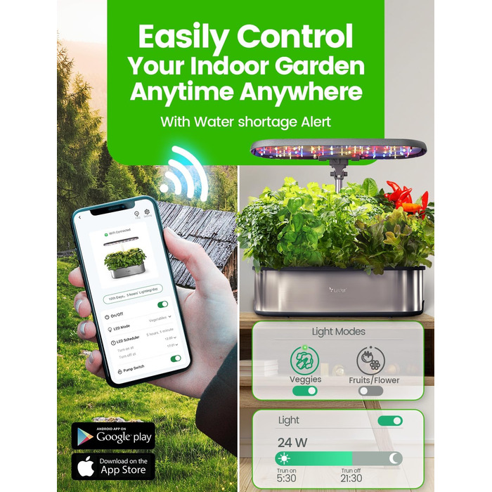 LETPOT LPH-SE: Система гідропоніки WiFi для вирощування трав, 12 капсул, внутрішній сад з LED-підсвічуванням 24W, 5.5L резервуар, автоматичний таймер
