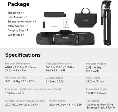 Професійний відеоштатив SMALLRIG 75'' з флюїдною головкою та рівнем, для відеокамери та DSLR, модель CT210-4475