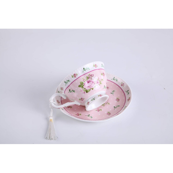 Чашка та блюдце з порцеляни Shabby Chic Vintage з птахом, метеликом і квітами у подарунковій коробці (рожевий колір)