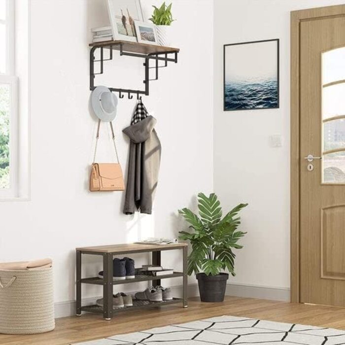 VASAGLE лавка для взуття, полиця з металу, 2 яруси, 73×30×45 см, індустріальний стиль, для передпокою, вітальні, сіро-чорна