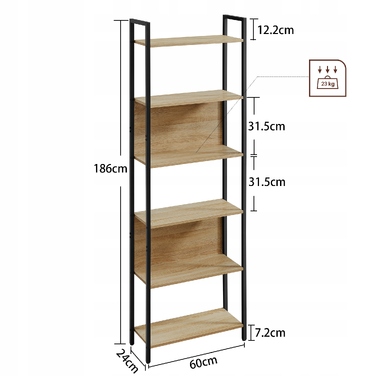 Стелаж MUFART 60 x 186 x 24 см, чорний, дуб сонома