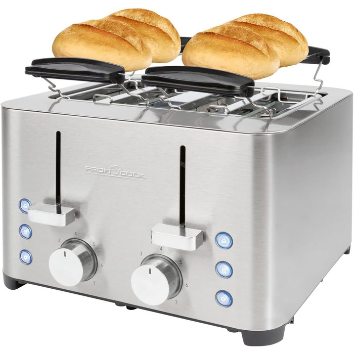 Тостер ProfiCook 4-слотовий, нержавіюча сталь, 1500 Вт, широкий слот, підставка для булочок, 7 режимів підсмажування, зйомна крихтова підставка, PC-TA 1252