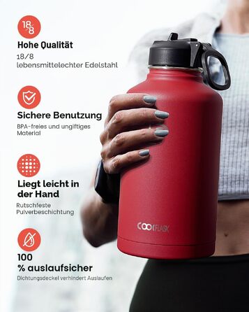 Термофляга Coolflask 2л зі сталі з трубою та 3 кришками, ізольована пляшка для води для спорту та офісу, герметична, червона