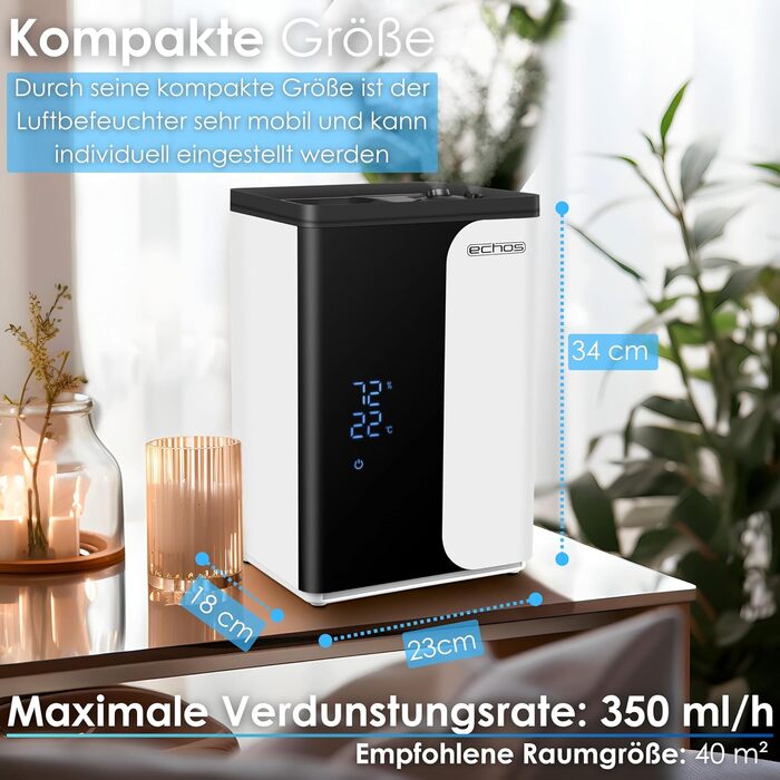 Ультразвуковий зволожувач повітря 5 л з WiFi Smart Life, HEPA-фільтром, гігрометром та LED-дисплеєм, функція підігріву (теплий/холодний пар), таймер 12г, нічний режим