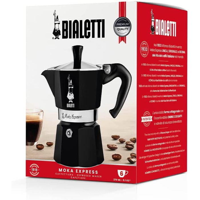 Bialetti Moka Color – Іконічна гейзерна кавоварка для плити, алюмінієва, 6 чашок (270 мл), чорна, для приготування справжньої італійської кави