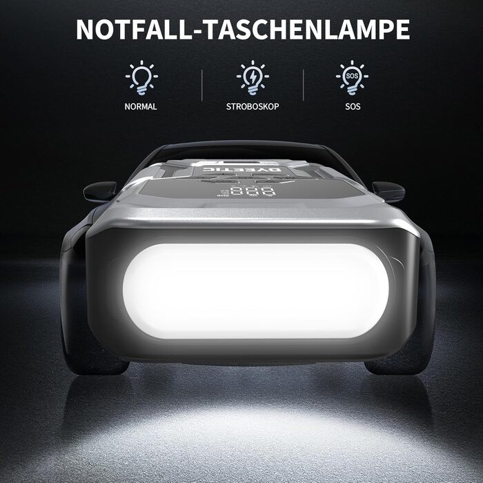 Powerbank Starthilfe 6000A з компресором 150PSI: портативний пусковий пристрій для авто та мото (бензин, дизель до 10.0L) з LED-ліхтариком QC3.0, срібний