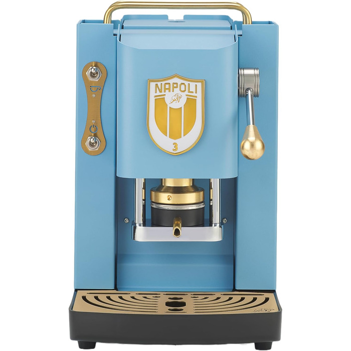 Кавова машина FABER Pro Deluxe Scudetto для ESE-подушок 44 мм, бірюзова з латунною обробкою, прес для кави з латуні, біле лого Napoli Campione