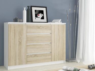 Комод AKORD K 140 см, 4 шухляди, 2 двері, білий/сонома, сучасний дизайн, для вітальні, спальні, кабінету, ламінована ДСП