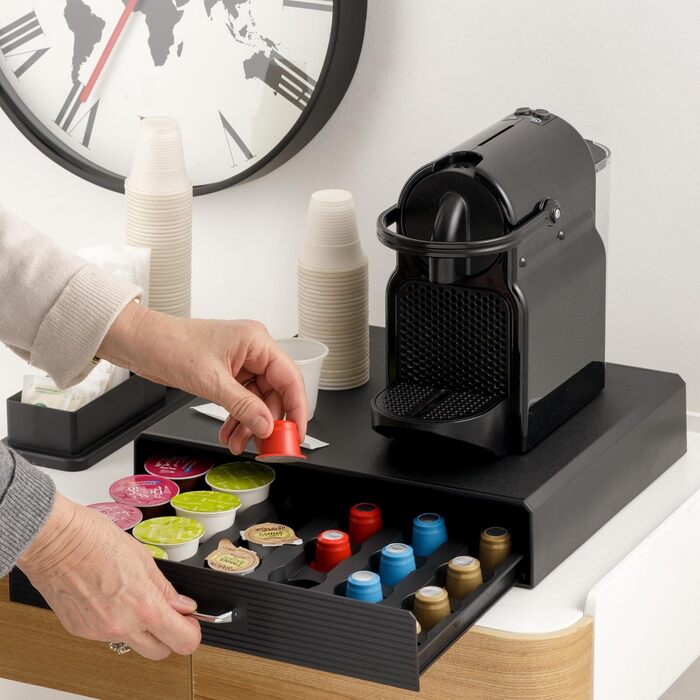 Органайзер для кавових капсул Baroni Home, універсальна шухляда для Nespresso та Dolce Gusto на 30 капсул, відсік для чаю та аксесуарів, компактний пластиковий підстаканник, 34x13x34 см, чорний
