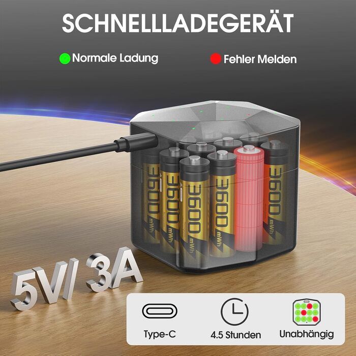 Набір акумуляторів AA Li-ion 1.5V 3600mWh (12 шт.) із зарядним пристроєм, висока ємність, 2000 циклів зарядки, золотисті