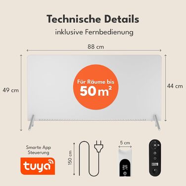Електричний конвектор LEBENLANG 2000Вт з WiFi та керуванням через додаток, енергоощадний обігрівач повітря, білий