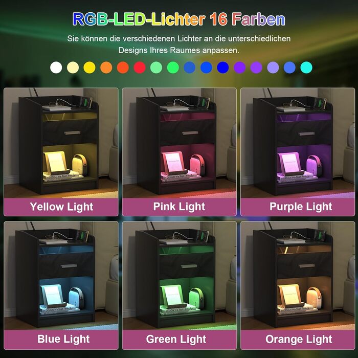 Сучасна приліжкова тумба Lvhecforhm з LED підсвіткою, 2 шт, чорна, з розетками та USB, глянцева передня панель, відкритий відсік, 40x35x58 см