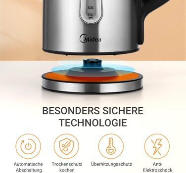 Електрочайник Midea 1,7 л з регулюванням температури, нержавіюча сталь, 2200 Вт, вікно рівня води, підтримка тепла 60 хв