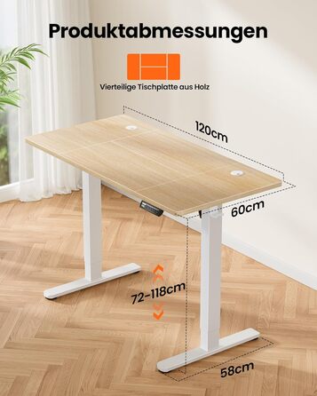 Електричний стіл ErGear 120x60 см, регульована висота, 4 пам'яті, геймерський стіл, 4-секційна бежева стільниця