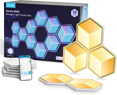 Світильник Govee Glide Hexagon Light Ultra, 3D RGBIC, Wi-Fi, 129 LED, сумісний з Alexa, 60 режимів, для геймерської кімнати, стіни, декору, 10 панелей, білий