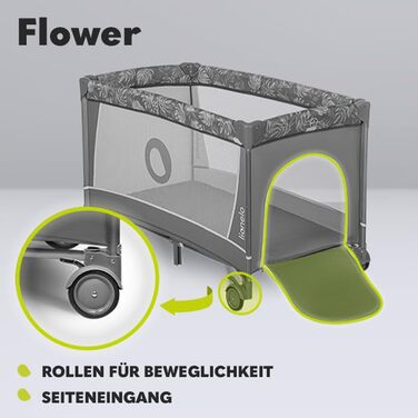 Дитяче ліжечко-манеж Lionelo Flower 4в1 з боковим входом, пеленатором, двома рівнями висоти, дугою з іграшками, колесами та сумкою