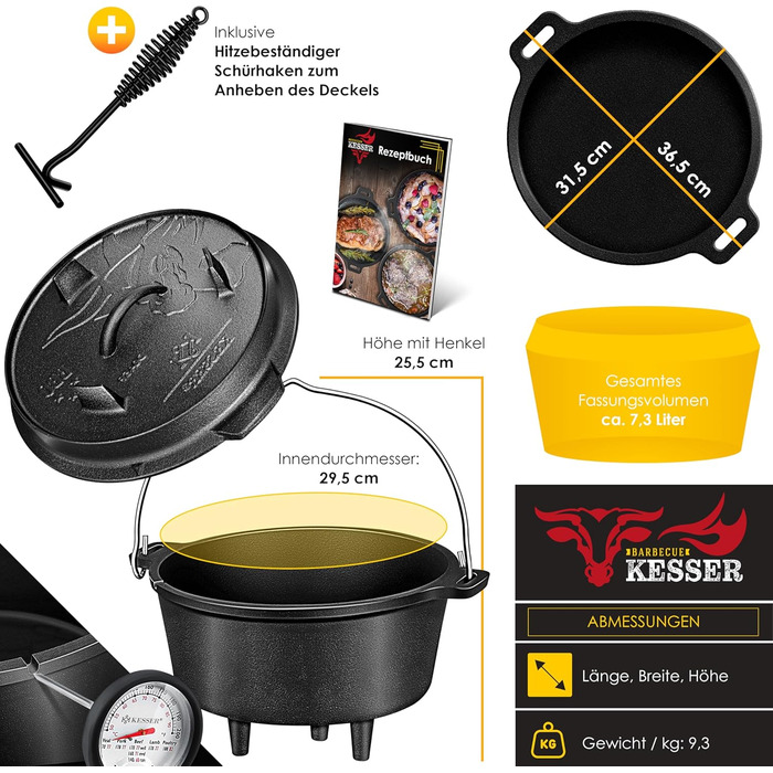 Чавунний казан KESSER Dutch Oven 7,3 л з підставкою з нержавіючої сталі та піднімачем кришки, універсальний котел для гриля, BBQ та приготування страв на відкритому повітрі та вдома