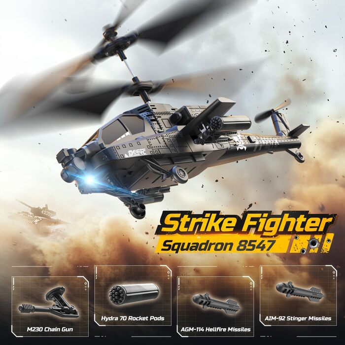 Радіокерований вертоліт DEERC Apache 2.4GHz, 2 акумулятори, 26 хв польоту, LED, стабілізація висоти, автоматичний зліт, чорний – ідеальний подарунок для хлопчиків