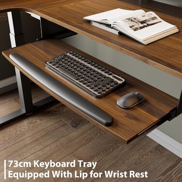 Електричний кутовий стіл для геймінгу EUREKA ERGONOMIC 155x110 см, з регулюванням висоти, клавіатурною полицею, LED-підставкою для монітора, лівий, колір горіх