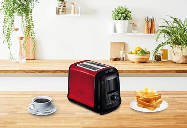 Тостер Moulinex LT261D Subito, 850 Вт, 2 слоти, червоно-чорний, з підставкою для булочок, регульовані ступені підсмажування, розморожування та підігрів