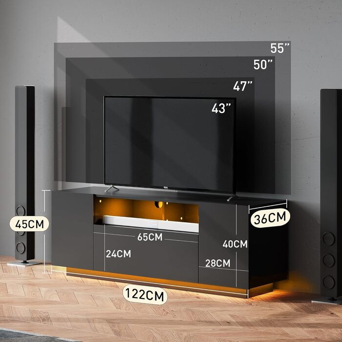 Тумба під телевізор WLIVE Schwarz 122x36x45 см, чорна глянцева з LED-підсвіткою та шафами