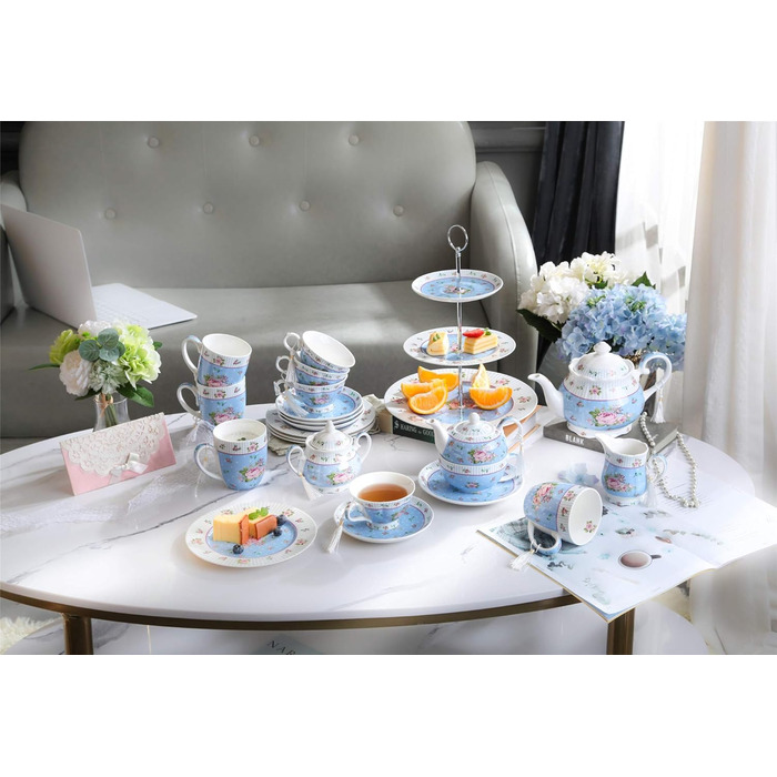 Чашка та блюдце з порцеляни Shabby Chic Vintage, з птахом, метеликом і квітами, подарункова коробка (рожево-блакитна)
